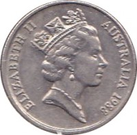 Australia coin 5 Cents - Elizabeth II (1985 - 1998) obverse obverse of 5 Cents - Elizabeth II (1985 - 1998) coin with KM# 80 from Australia. Inscription: ELIZABETH II AUSTRALIA 1988 RDM