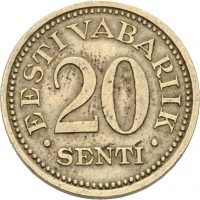 reverse of 20 Senti (1935) coin with KM# 17 from Estonia. Inscription: EESTI VABARIIK 20 SENTI