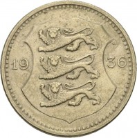 obverse of 50 Senti (1936) coin with KM# 18 from Estonia. Inscription: 19 36