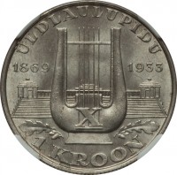 Estonia coin 1 Kroon - 10th Singing Festival (1933) reverse reverse of 1 Kroon - 10th Singing Festival (1933) coin with KM# 14 from Estonia. Inscription: ÜLDLAULUPIDU 1869 1933 X 1 KROON