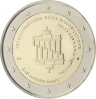 obverse of 2 Euro - 25th anniversary of the Reunification of Germany (2015) coin from San Marino. Inscription: 250 ANNIVERSARION DELLA RIUNIFICATIONE DELLA GERMANIA 1990-2015 ES R SAN MARINO MMXV