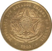 Brazil coin 20 Réis (1889 - 1912) obverse obverse of 20 Réis (1889 - 1912) coin with KM# 490 from Brazil. Inscription: REPUBLICA DOS ESTADOS UNIDOS DO BRAZIL 1901