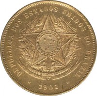 obverse of 20 Réis (1889 - 1912) coin with KM# 490 from Brazil. Inscription: REPUBLICA DOS ESTADOS UNIDOS DO BRAZIL 1901