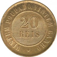 reverse of 20 Réis (1889 - 1912) coin with KM# 490 from Brazil. Inscription: VINTEM POUPADO, VINTEM GANHO 20 REIS