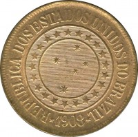 obverse of 40 Réis (1889 - 1912) coin with KM# 491 from Brazil. Inscription: REPUBLICA DOS ESTADOS UNIDOS DO BRAZIL .1908.