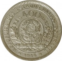 obverse of 400 Réis (1914) coin with KM# 515 from Brazil. Inscription: REPUBLICA DOS STADOS UNIDOS DO BRAZIL RÉIS 400 RÉIS * 1914 *