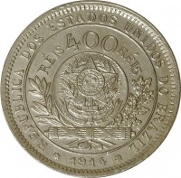 Brazil coin 400 Réis (1914) obverse obverse of 400 Réis (1914) coin with KM# 515 from Brazil. Inscription: REPUBLICA DOS STADOS UNIDOS DO BRAZIL RÉIS 400 RÉIS * 1914 *