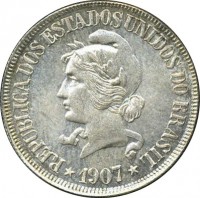 obverse of 500 Réis (1906 - 1912) coin with KM# 506 from Brazil. Inscription: REPUBLICA DOS ESTADOS UNIDOS DO BRASIL * 1907 *