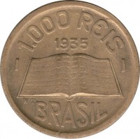 obverse of 1000 Réis - Larger (1935) coin with KM# 534 from Brazil. Inscription: 1.000 RÉIS 1935 BRASIL WT
