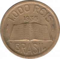 Brazil coin 1000 Réis - Larger (1935) obverse obverse of 1000 Réis - Larger (1935) coin with KM# 534 from Brazil. Inscription: 1.000 RÉIS 1935 BRASIL WT