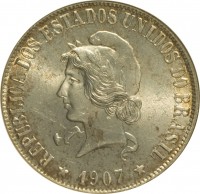 obverse of 2000 Réis (1906 - 1912) coin with KM# 508 from Brazil. Inscription: REPUBLICA DOS ESTADOS UNIDOS DO BRASIL *1907*