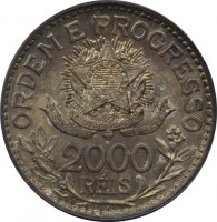 reverse of 2000 Réis (1912 - 1913) coin with KM# 511 from Brazil. Inscription: ORDEM E PROGRESSO 2000 RÉIS