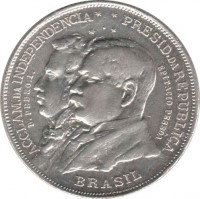 obverse of 2000 Réis - Centenary of independence of Brazil (1922) coin with KM# 523 from Brazil. Inscription: ACCLAM. DA INDEPENDENCIA PRESID. DA REPUBLICA D. PEDRO. I. EPITACIO PESSOA BRASIL