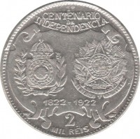 reverse of 2000 Réis - Centenary of independence of Brazil (1922) coin with KM# 523 from Brazil. Inscription: 1 CENTENARION DA INDEPENDENCIA 1822 - 1922 2 MIL REIS