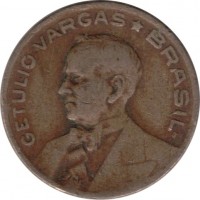 obverse of 10 Centavos (1942 - 1943) coin with KM# 555 from Brazil. Inscription: GETULIO VARGAS * BRASIL