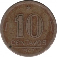 reverse of 10 Centavos (1942 - 1943) coin with KM# 555 from Brazil. Inscription: 10 CENTAVOS 1942