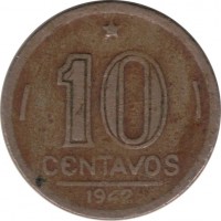 Brazil coin 10 Centavos (1942 - 1943) reverse reverse of 10 Centavos (1942 - 1943) coin with KM# 555 from Brazil. Inscription: 10 CENTAVOS 1942