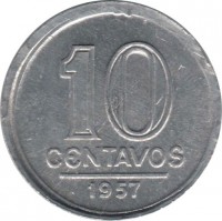 reverse of 10 Centavos (1956 - 1961) coin with KM# 564 from Brazil. Inscription: 10 CENTAVOS 1957