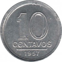 Brazil coin 10 Centavos (1956 - 1961) reverse reverse of 10 Centavos (1956 - 1961) coin with KM# 564 from Brazil. Inscription: 10 CENTAVOS 1957