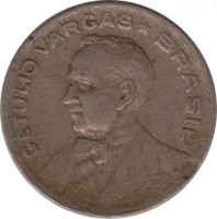 obverse of 20 Centavos (1942 - 1943) coin with KM# 556 from Brazil. Inscription: GETULIO VARGAS * BRASIL