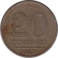 reverse of 20 Centavos (1942 - 1943) coin with KM# 556 from Brazil. Inscription: 20 CENTAVOS 1943