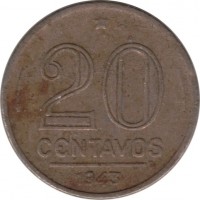 Brazil coin 20 Centavos (1942 - 1943) reverse reverse of 20 Centavos (1942 - 1943) coin with KM# 556 from Brazil. Inscription: 20 CENTAVOS 1943
