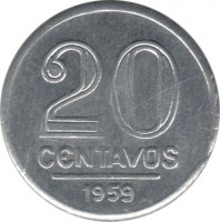 reverse of 20 Centavos (1956 - 1961) coin with KM# 565 from Brazil. Inscription: 20 CENTAVOS 1959