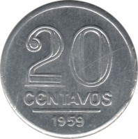 Brazil coin 20 Centavos (1956 - 1961) reverse reverse of 20 Centavos (1956 - 1961) coin with KM# 565 from Brazil. Inscription: 20 CENTAVOS 1959