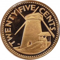 reverse of 25 Cents - Elizabeth II (1973 - 2006) coin with KM# 13 from Barbados. Inscription: TWENTY FIVE CENTS PN