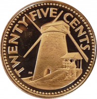 Barbados coin 25 Cents - Elizabeth II (1973 - 2006) reverse reverse of 25 Cents - Elizabeth II (1973 - 2006) coin with KM# 13 from Barbados. Inscription: TWENTY FIVE CENTS PN