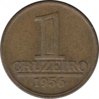 Brazil coin 1 Cruzeiro (1956) reverse reverse of 1 Cruzeiro (1956) coin with KM# 567 from Brazil. Inscription: 1 CRUZEIRO 1956