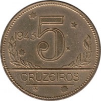 reverse of 5 Cruzeiros (1942 - 1943) coin with KM# 560 from Brazil. Inscription: 1943 5 CRUZEIROS