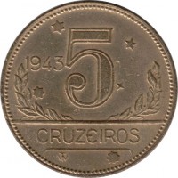 Brazil coin 5 Cruzeiros (1942 - 1943) reverse reverse of 5 Cruzeiros (1942 - 1943) coin with KM# 560 from Brazil. Inscription: 1943 5 CRUZEIROS