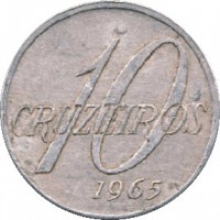 reverse of 10 Cruzeiros (1965) coin with KM# 572 from Brazil. Inscription: 10 CRUZEIROS 1965