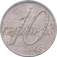 Brazil coin 10 Cruzeiros (1965) reverse reverse of 10 Cruzeiros (1965) coin with KM# 572 from Brazil. Inscription: 10 CRUZEIROS 1965