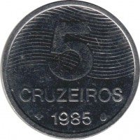 Brazil coin 5 Cruzeiros - FAO (1985) reverse reverse of 5 Cruzeiros - FAO (1985) coin with KM# 599 from Brazil. Inscription: 5 CRUZEIROS 1985