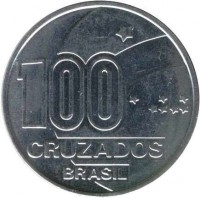Brazil coin 100 Cruzados - Abolition of Slavery Centennial - Female (1988) obverse obverse of 100 Cruzados - Abolition of Slavery Centennial - Female (1988) coin with KM# 609 from Brazil. Inscription: 100 CRUZADOS BRASIL