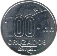 obverse of 100 Cruzados - Abolition of Slavery Centennial - Female (1988) coin with KM# 609 from Brazil. Inscription: 100 CRUZADOS BRASIL