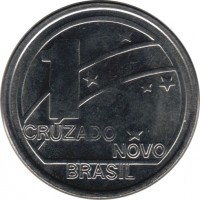 obverse of 1 Cruzado Novo - 100th anniversary of the republic (1989) coin with KM# 615 from Brazil. Inscription: 1 CRUZADO NOVO BRASIL