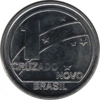 Brazil coin 1 Cruzado Novo - 100th anniversary of the republic (1989) obverse obverse of 1 Cruzado Novo - 100th anniversary of the republic (1989) coin with KM# 615 from Brazil. Inscription: 1 CRUZADO NOVO BRASIL