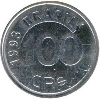 Brazil coin 100 Cruzeiros Reais (1993 - 1994) obverse obverse of 100 Cruzeiros Reais (1993 - 1994) coin with KM# 630 from Brazil. Inscription: BRASIL 1994 100 CR$