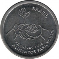 obverse of 10 Centavos - 50th anniversary of FAO (1995) coin with KM# 641 from Brazil. Inscription: BRASIL FAO-1945*1995 ALIMENTOS PARA TODOS