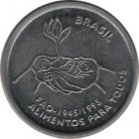 Brazil coin 10 Centavos - 50th anniversary of FAO (1995) obverse obverse of 10 Centavos - 50th anniversary of FAO (1995) coin with KM# 641 from Brazil. Inscription: BRASIL FAO-1945*1995 ALIMENTOS PARA TODOS