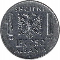 reverse of 0.50 Lek - Vittorio Emanuele III (1939 - 1941) coin with KM# 30 from Albania. Inscription: SHQIPNI 1940 XVIII LEK 0,50 ALBANIA R