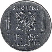 Albania coin 0.50 Lek - Vittorio Emanuele III (1939 - 1941) reverse reverse of 0.50 Lek - Vittorio Emanuele III (1939 - 1941) coin with KM# 30 from Albania. Inscription: SHQIPNI 1940 XVIII LEK 0,50 ALBANIA R