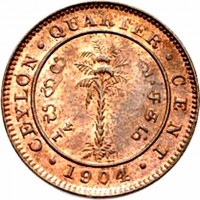 reverse of 1/4 Cent - Edward VII (1904) coin with KM# 100 from Ceylon. Inscription: CEYLON · QUARTER · CENT · 1904 ·