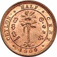 reverse of 1/2 Cent - Edward VII (1904 - 1909) coin with KM# 101 from Ceylon. Inscription: CEYLON · HALF · CENT · 1909 ·