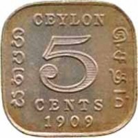 Ceylon coin 5 Cents - Edward VII (1909 - 1910) reverse reverse of 5 Cents - Edward VII (1909 - 1910) coin with KM# 103 from Ceylon. Inscription: CEYLON 5 CENTS 1909