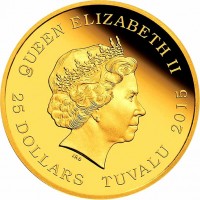 Tuvalu coin 25 Dollars - Elizabeth II - Back to the Future (2015) obverse obverse of 25 Dollars - Elizabeth II - Back to the Future (2015) coin from Tuvalu. Inscription: QUEEN ELIZABETH II IRB 25 DOLLARS TUVALU 2015