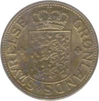 obverse of 5 Kroner (1944) coin with KM# 9 from Greenland. Inscription: GRØNLANDS STYRELSE